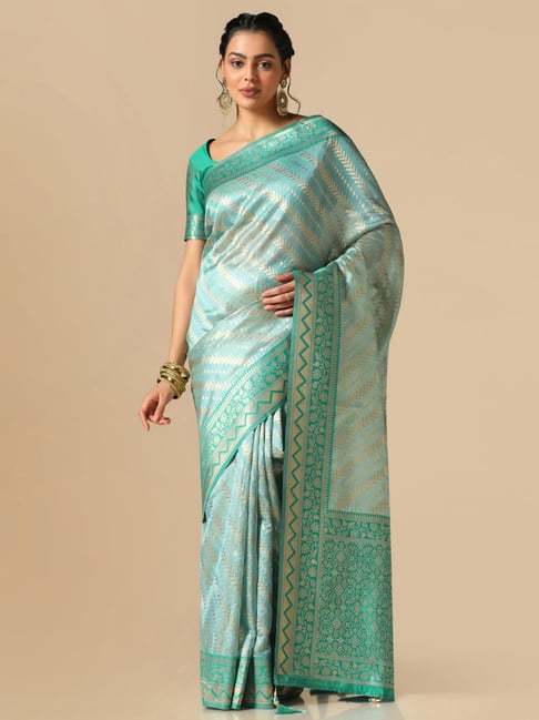 Satrani Blue Woven Saree With Unstitched Blouse Price in India