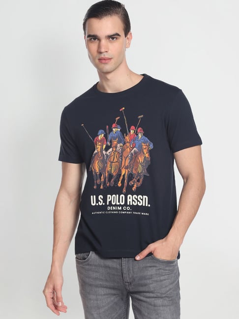 U S Polo Assn U.S. Polo Assn. Navy Blue Cotton Slim Fit Printed T-Shirt