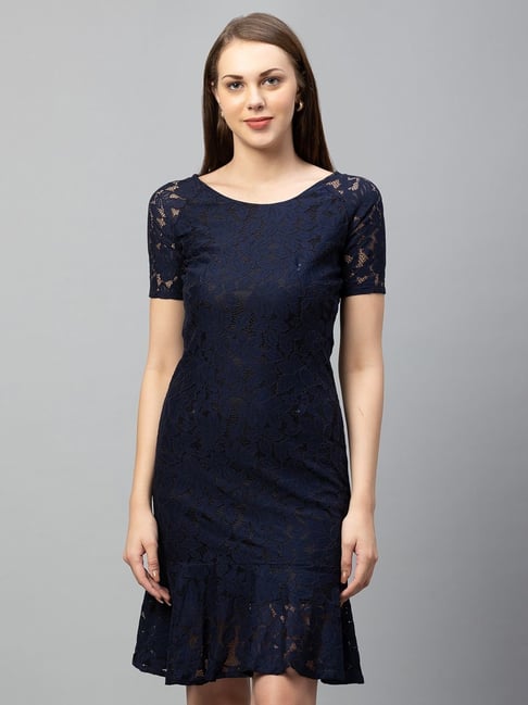 Globus Navy Self Pattern A-Line Dress Price in India