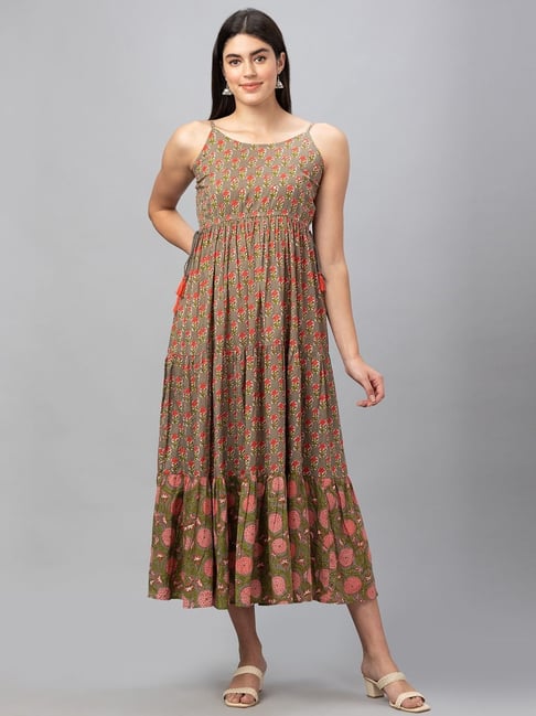 Globus Taupe Cotton Floral Print A-Line Dress Price in India