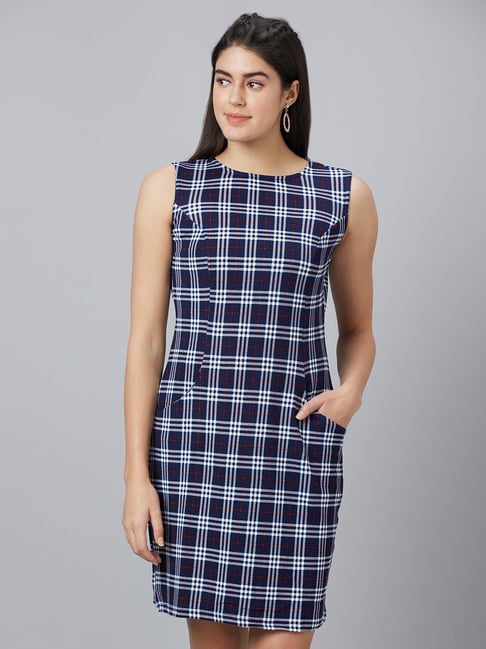 Globus Navy Chequered A-Line Dress Price in India