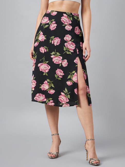 Carlton London Black Floral Print Midi Skirt Price in India