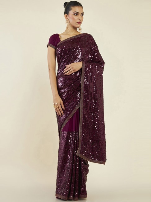 Soch Purple Embroidered Saree With Unstitched Blouse Price in India