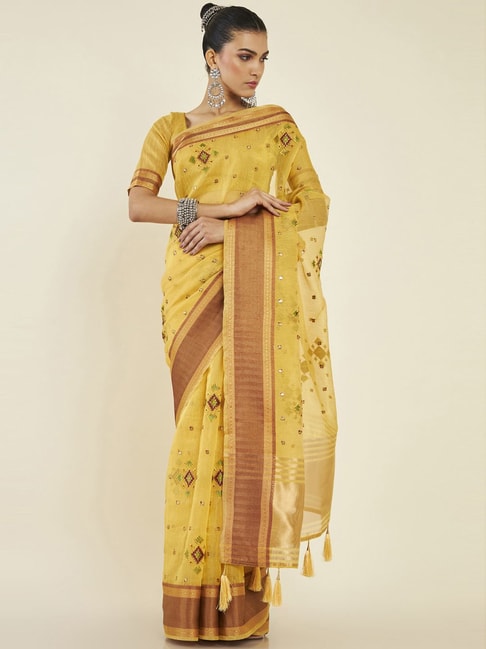 Soch Yellow Silk Woven Saree With Unstitched Blouse Price in India