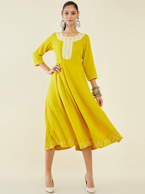 Soch Mustard Embroidered A-Line Dress Price in India