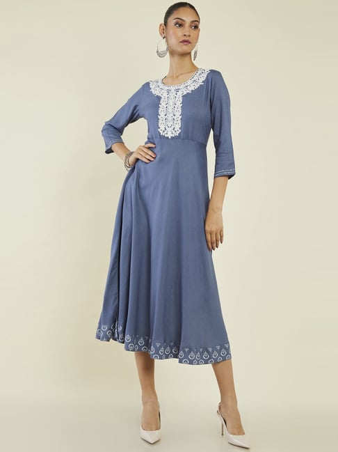 Soch Blue Embroidered A-Line Dress Price in India