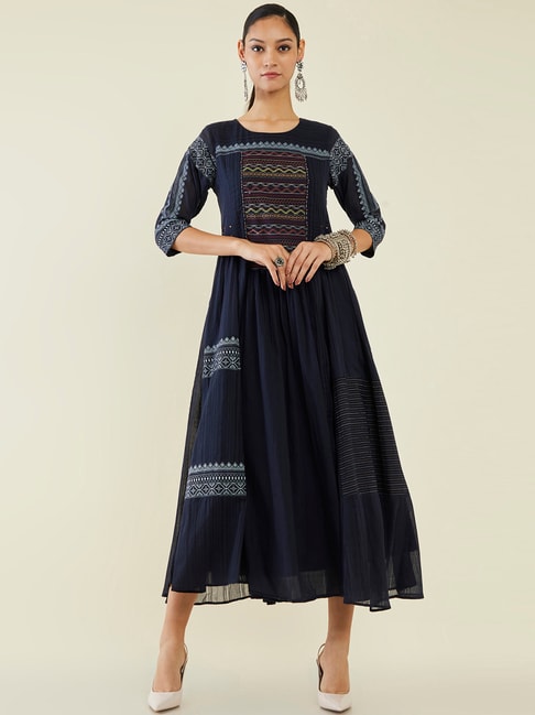 Soch Navy Cotton Embroidered A-Line Dress Price in India