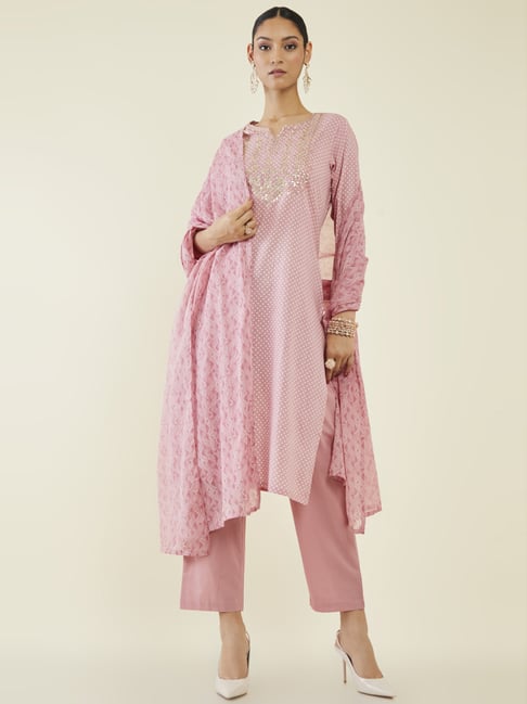 Soch Pink Cotton Printed Kurta Pant Set With Dupatta Price in India
