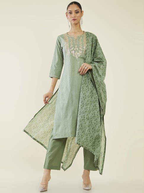 Soch Green Cotton Printed Kurta Pant Set With Dupatta Price in India