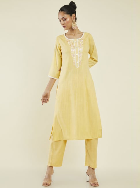 Soch Yellow Embroidered Kurta Pant Set Price in India