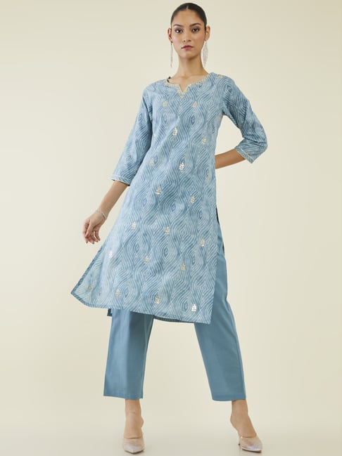 Soch Blue Cotton Printed Kurta Pant Set Price in India