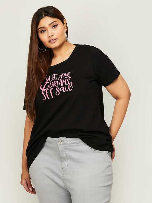 Buy Nexus by Lifestyle Plus Size Black Cotton Printed T-Shirt for
