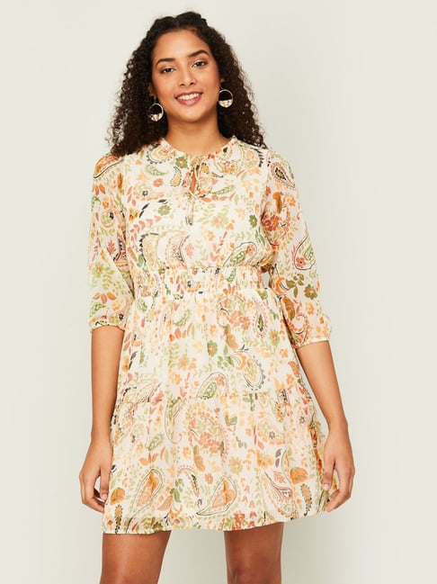 Code by Lifestyle Off-White Printed A-Line Dress Price in India