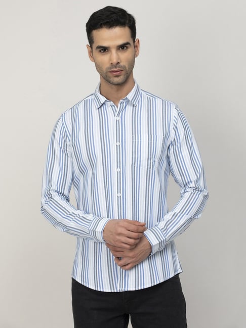 Fame Forever by Lifestyle Blue Cotton Slim Fit Striped Shirt