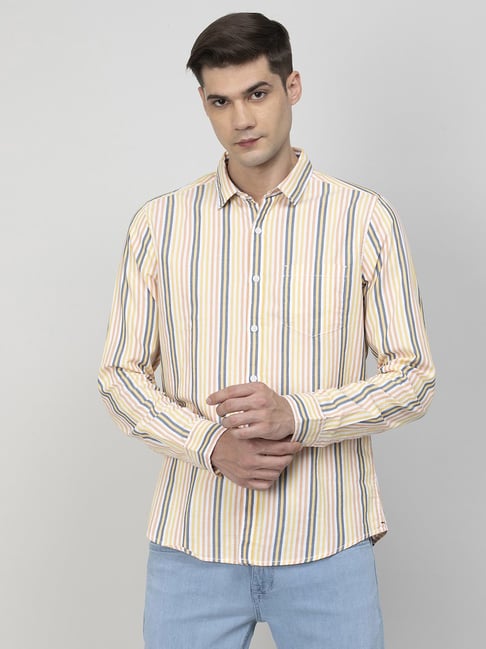 Fame Forever by Lifestyle White Cotton Slim Fit Striped Shirt