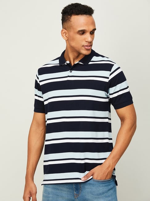 Fame Forever by Lifestyle Navy Blue Regular Fit Striped Polo T-Shirt