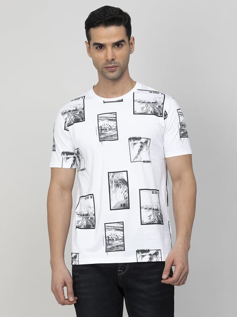 BOSSINI White Cotton Regular Fit Printed T-Shirt