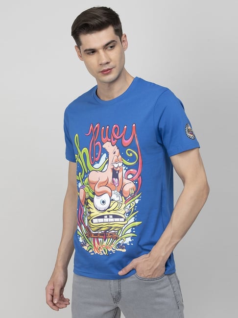 Fame Forever by Lifestyle Mid Blue Cotton Regular Fit Printed T-Shirt