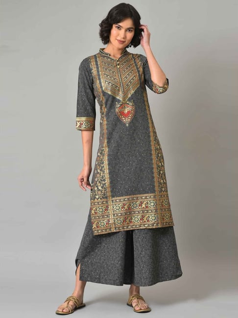 Aurelia Grey Printed Kurta Palazzo Set