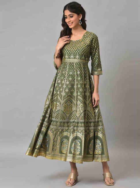 Aurelia Green Floral Print A-Line Dress Price in India