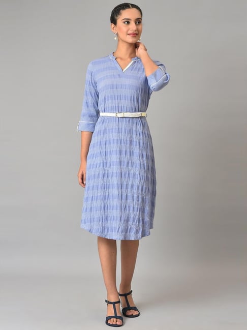 Aurelia Blue Cotton Geometric Print A-Line Dress Price in India