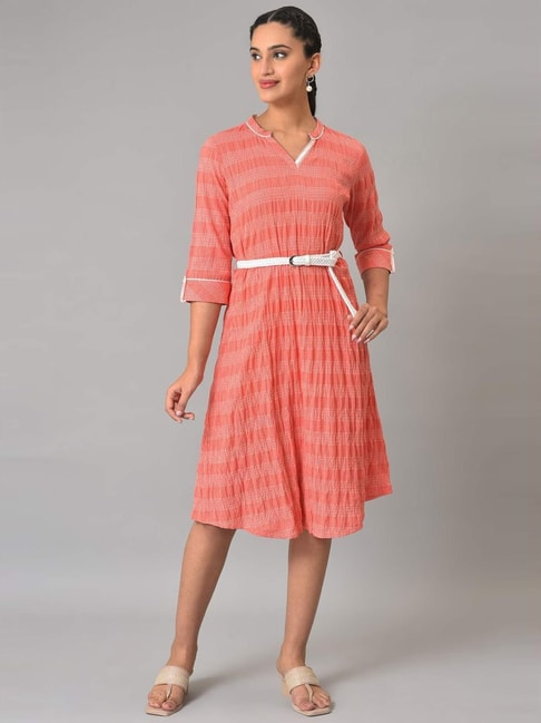 Aurelia Pink Cotton Geometric Print A-Line Dress Price in India