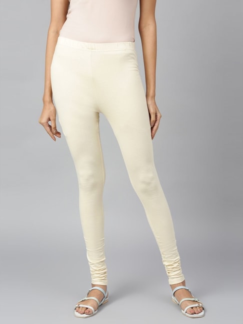 Off White Cotton Blend Solid Leggings-seedfund.vn