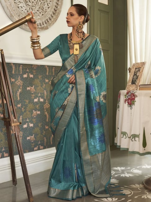 Saree Mall Teal blue Woven Saree With Unstitched Blouse Price in India