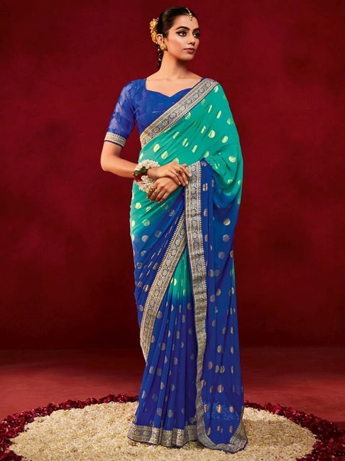 Saree Mall Sea Green & Blue Printed Saree With Unstitched Blouse Price in India