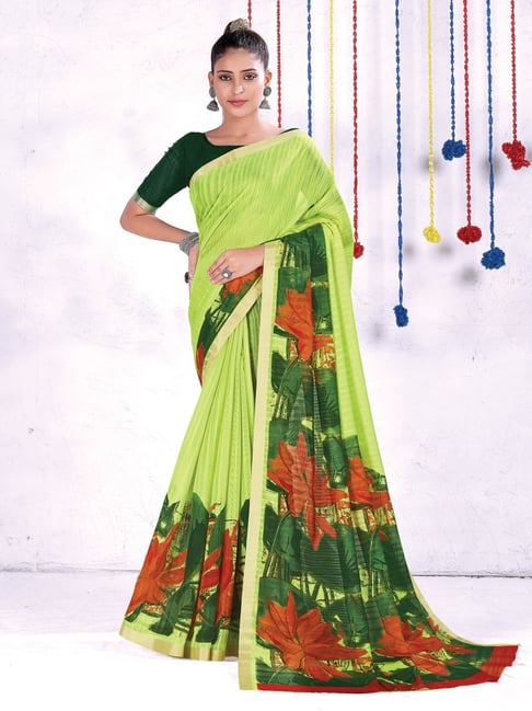 Saree Mall Green Printed Saree With Unstitched Blouse Price in India