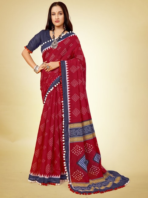 Saree Mall Red Embellished Saree With Unstitched Blouse Price in India