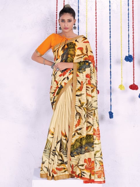 Saree Mall Cream Printed Saree With Unstitched Blouse Price in India