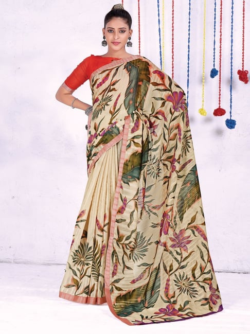 Saree Mall Cream Printed Saree With Unstitched Blouse Price in India