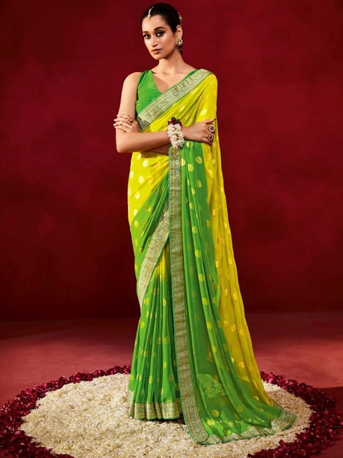 Saree Mall Yellow & Green Woven Saree With Unstitched Blouse Price in India