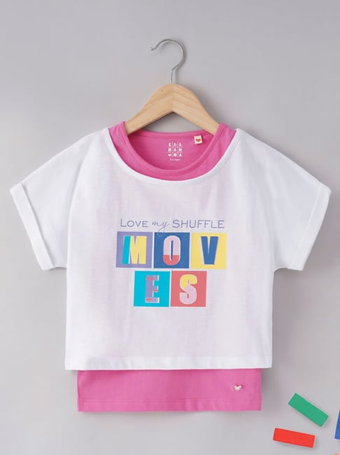 Ed-a-Mamma Kids Pink & White Printed T-Shirt with Tank Top-picture-27