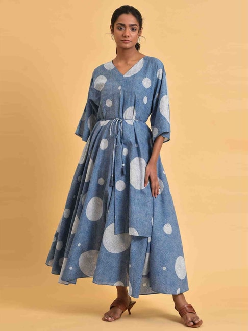 W Blue Cotton Printed Maxi Dress Price in India