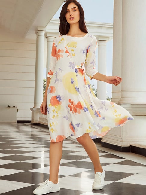 W Off-White Floral Print A-Line Dress Price in India