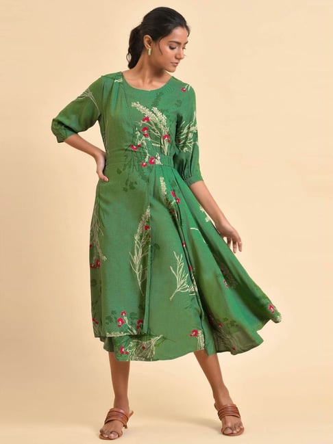W Green Floral Print A-Line Dress Price in India