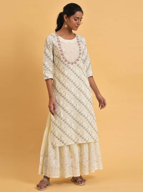 W Off-White Cotton Floral Print Straight Kurta