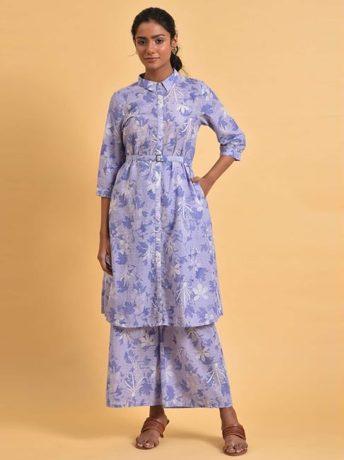 W Lilac Cotton Floral Print Kurta Palazzo Set Price in India