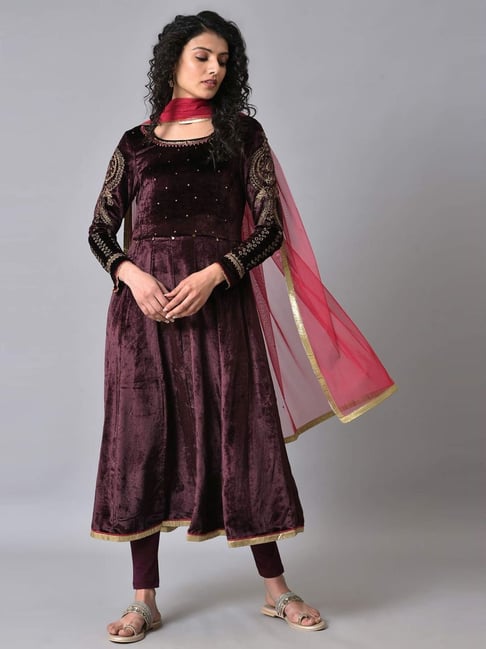 Wishful by W Purple Kurta Pant Set With Dupatta Price in India