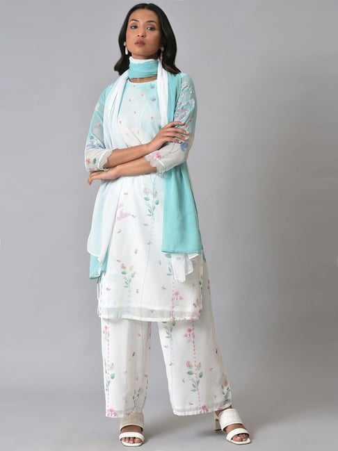 Wishful by W Sky Blue Floral Print Kurta Palazzo Set With Dupatta Price in India