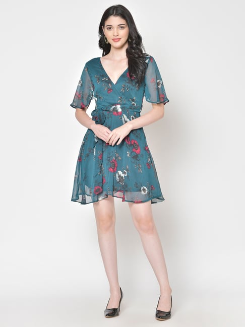 Cation Teal Floral Print Wrap Dress Price in India