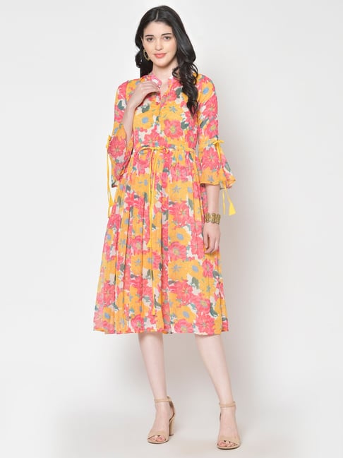 Cation Yellow Floral Print A Line Dress Price in India