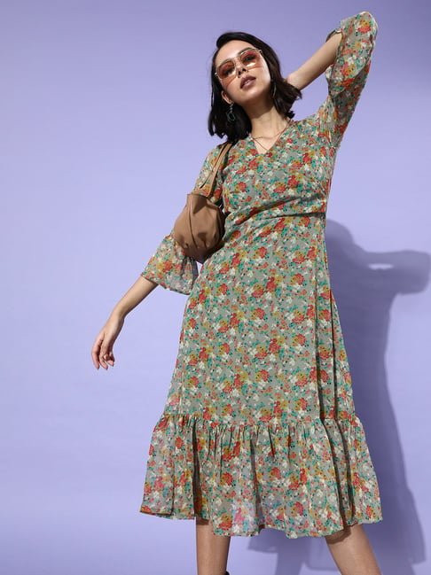 Cation Green Floral Print Midi Dress Price in India