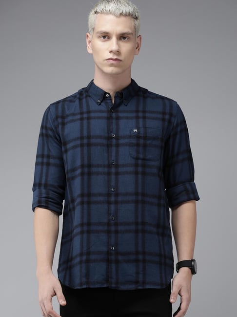 The Bear House Dark Blue Cotton Slim Fit Checks Shirt