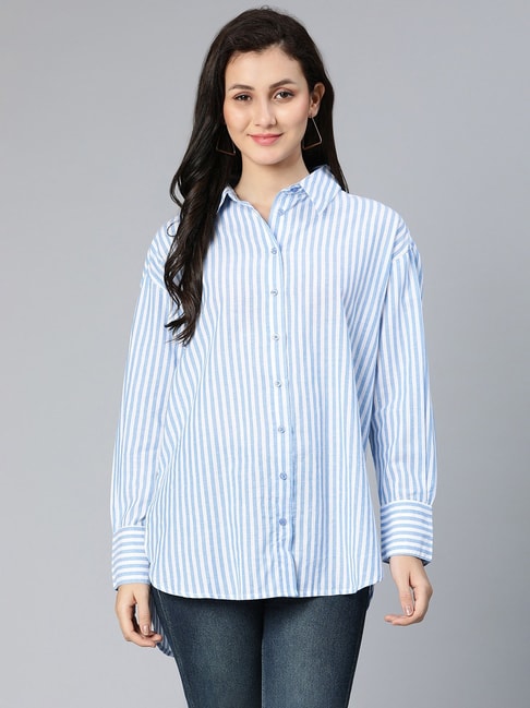 Oxolloxo Blue & White Cotton Striped Shirt Price in India
