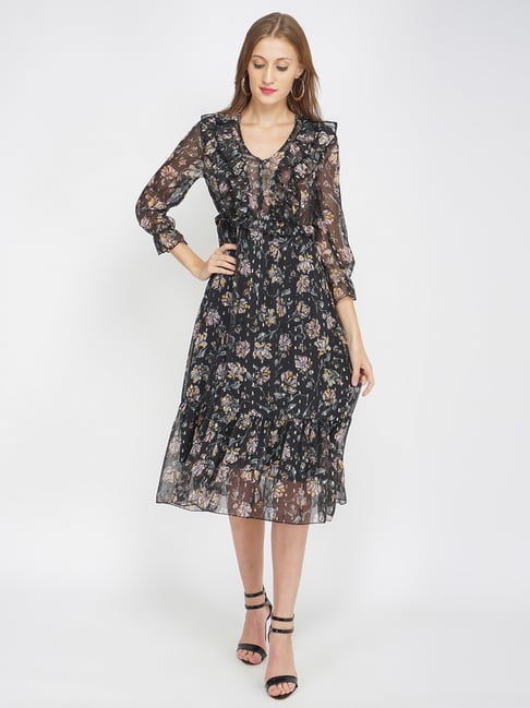 Oxolloxo Black Floral Print Midi Dress Price in India