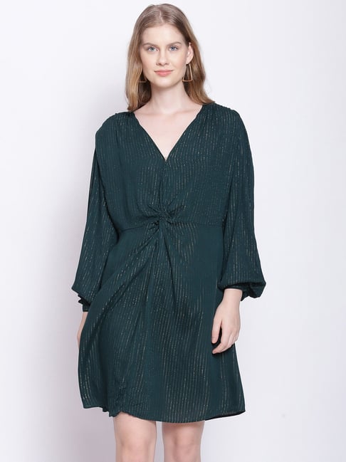 Oxolloxo Dark Green Textured Fit & Flare Dress Price in India