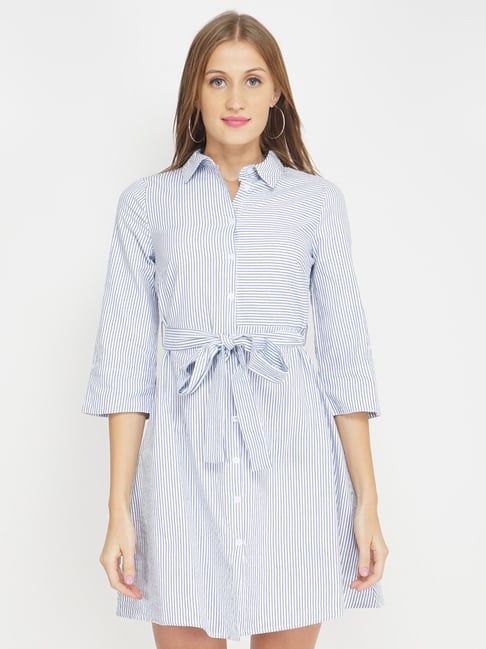 Oxolloxo Blue & White Cotton Striped Wrap Dress Price in India